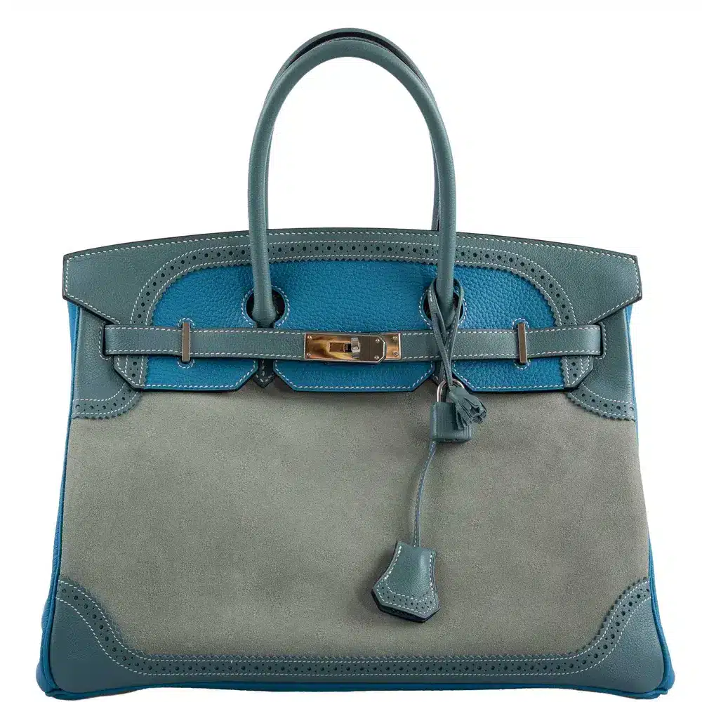 Hermès Limited Edition Birkin 35 Ghillies Ciel Doblis /Turquoise Togo/Bleu Jean Swift Palladium Hardware Lushentic Replica