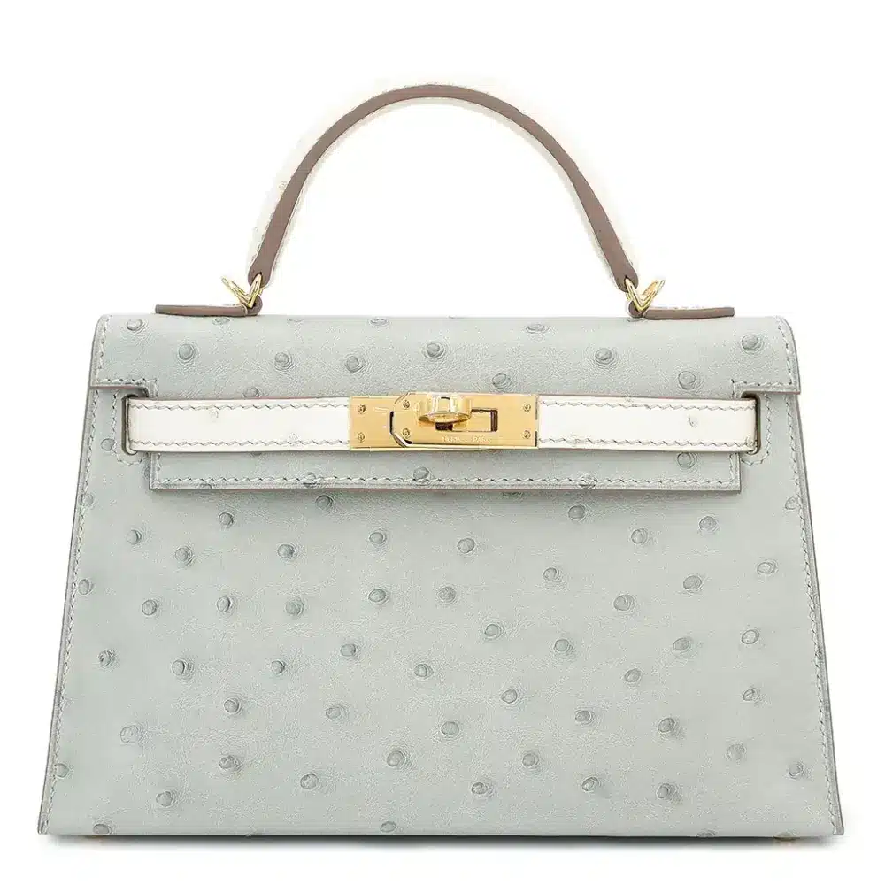 Hermès HSS 2023 Mini Kelly II Gris Perle and Beton Ostrich Gold Hardware Luxury replica handbags