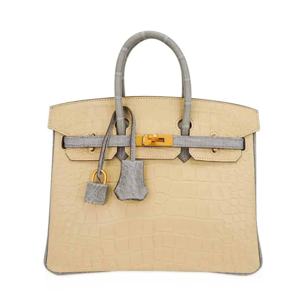 replica hermes bags Hermès HSS Birkin 25 Vanille and Gris Pearl Matte Alligator Mississippiensis Brushed Gold Hardware