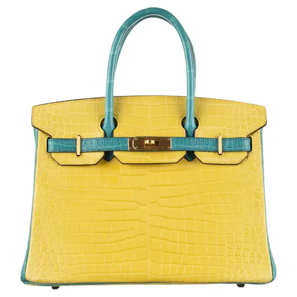 Hermès HSS Birkin 30 Mimosa And Bleu Paon Matte Porosus Crocodile Brushed Gold Hardware Luxury replica handbag