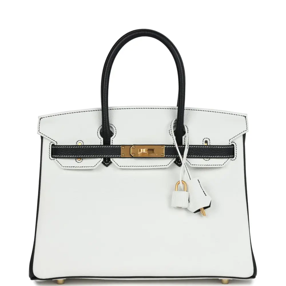 replica hermes bags Hermès HSS Birkin 30 White and Black Clemence Brushed Gold Hardware