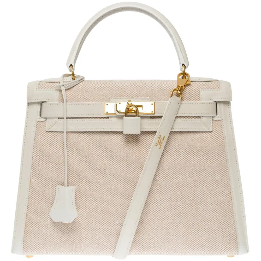 Hermès Kelly 28 HSS Sellier Beige/White Canvas & Epsom Gold Hardware Replica luxury handbags