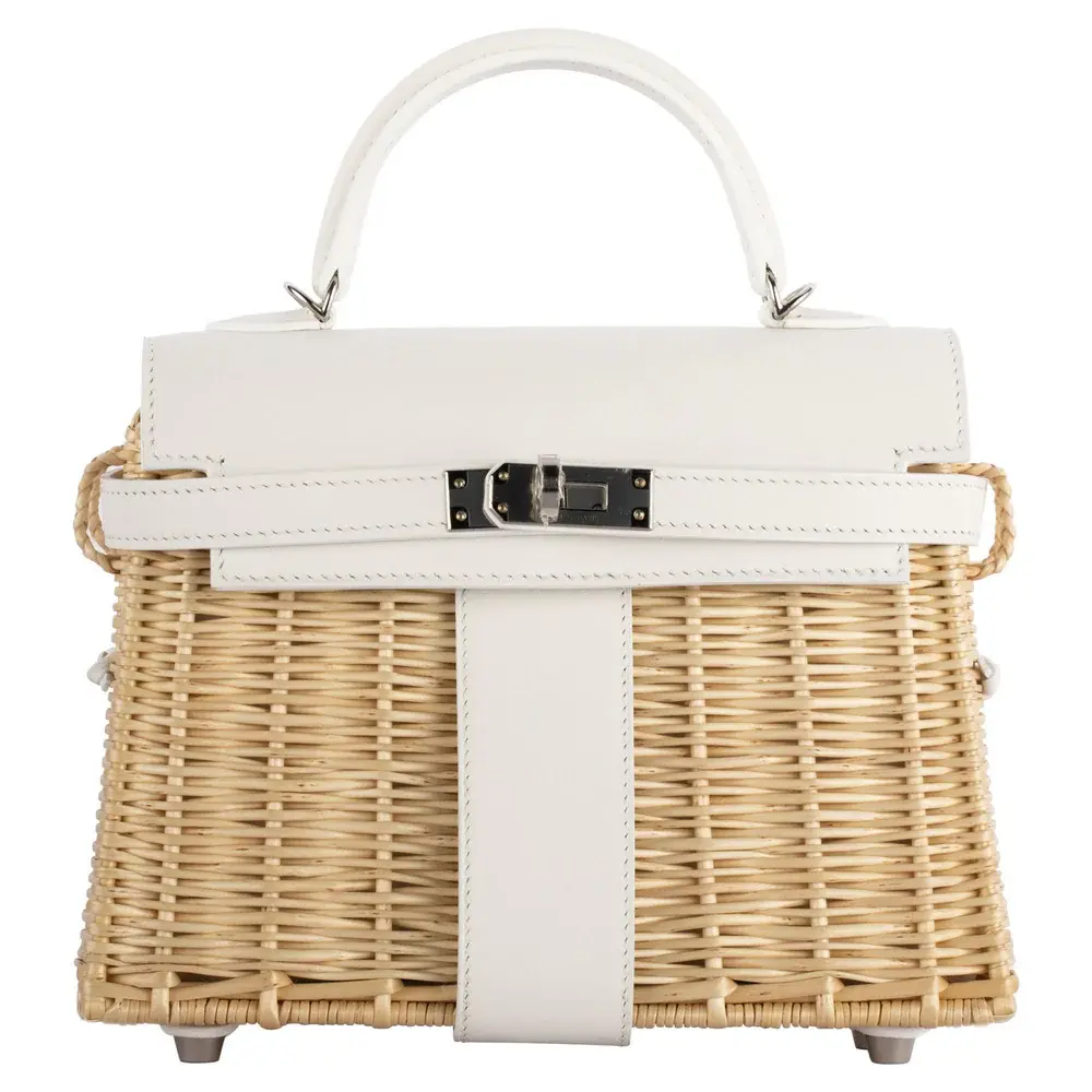 Hermès Limited Edition 2020 Mini Kelly 20 Picnic White Swift & Osier Wicker Palladium Hardware luxury bags