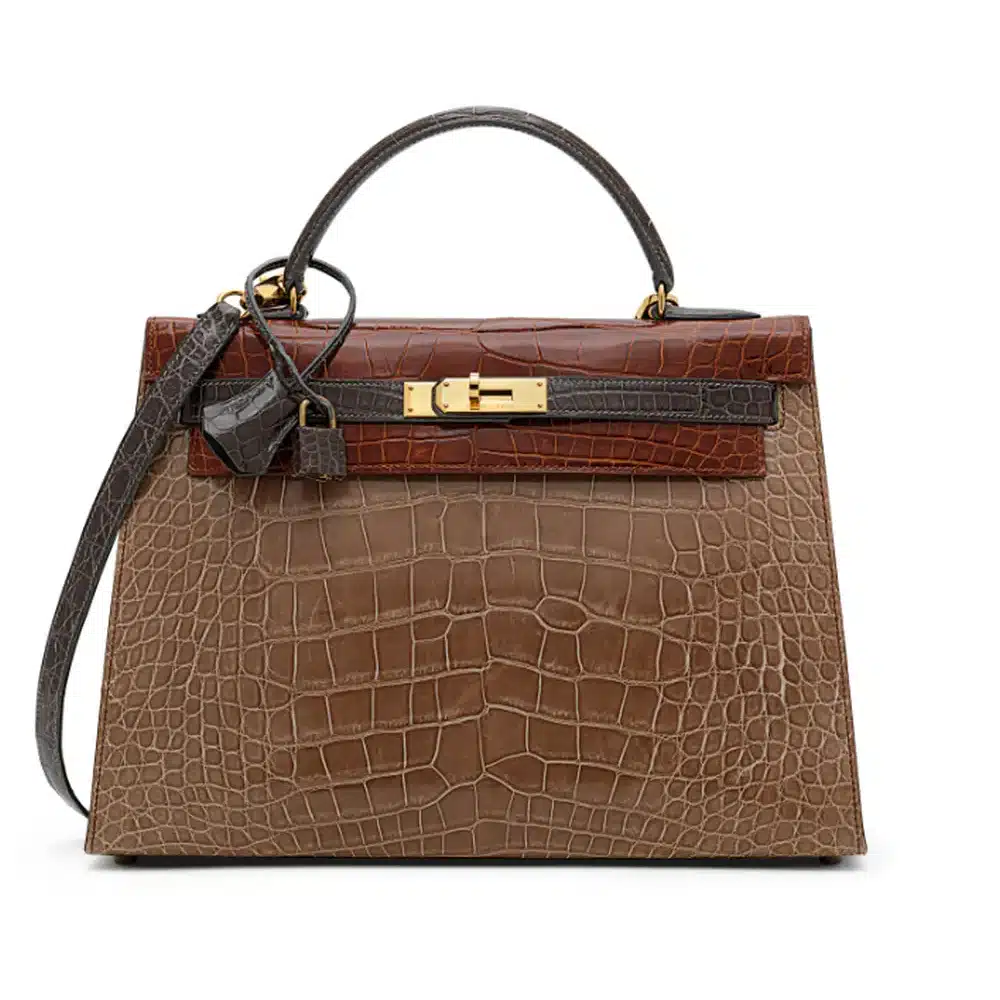 Hermès Limited Edition Kelly 32 Sellier Shiny Ficelle/Étrusque/Gris Foncé Matte Alligator Mississippiensis Gold Hardware Replica luxury handbag