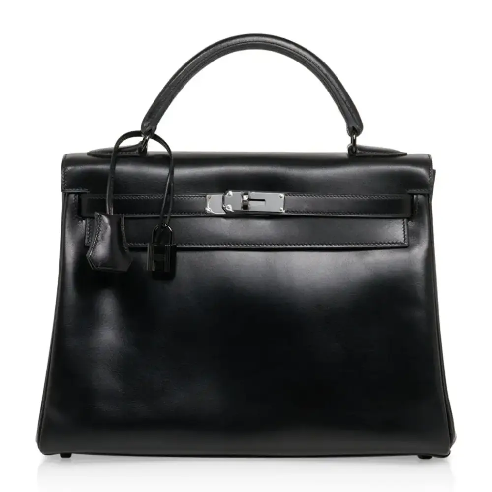 Hermès Limited Edition Kelly 32 So Black Box Calfskin Black Enamel Hardware Replica Bags