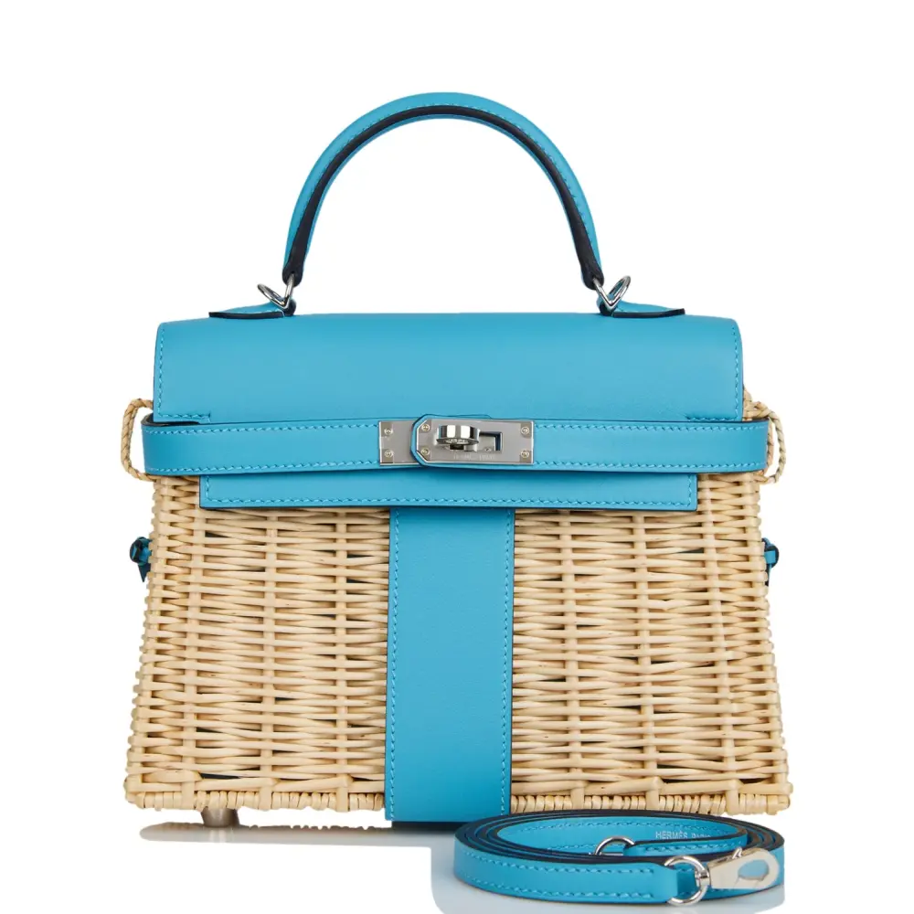 Hermes Limited Edition Mini Kelly 20 Picnic Bleu Du Nord Swift & Osier Palladium Hardware Lushentic inspired bags