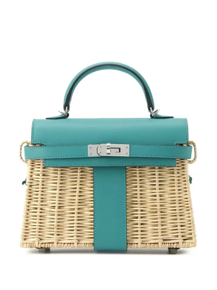 Hermès Rare Collectible 2020 Mini Kelly 20 Picnic Verone Wicker & Swift Satchel Palladium Hardware Lushentic Bags