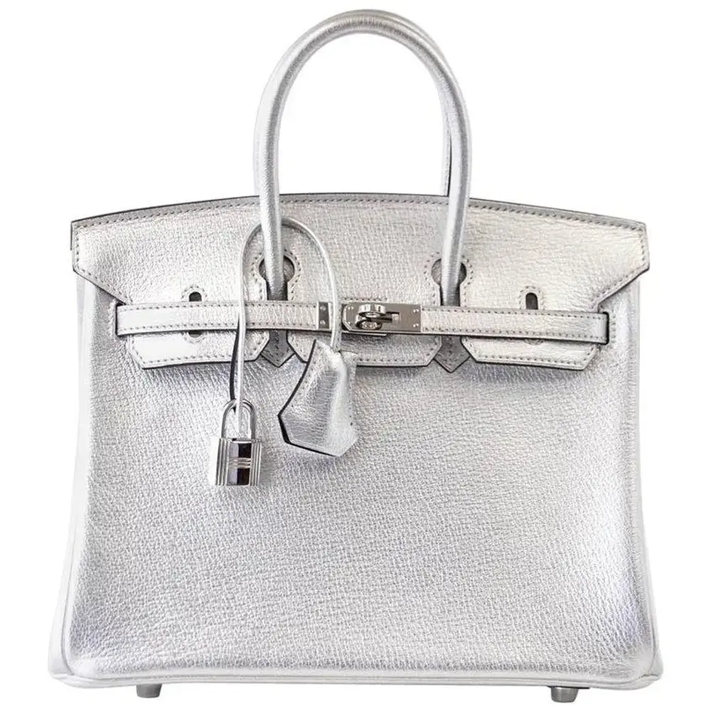 replica hermes bags Hermès Rare Collectible Birkin 25 Metallic Silver Chevre Palladium Hardware