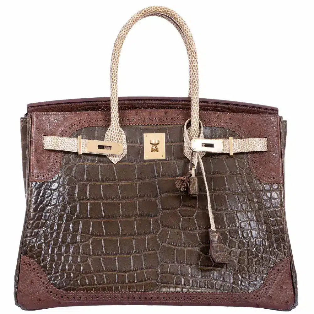 Hermès Rare Collectible Birkin 35 Gris Elephant/Etrusque/Ficelle Tri-Exotic Ghillies Grand Marriage Permabrass Hardware Affordable designer bag dupes