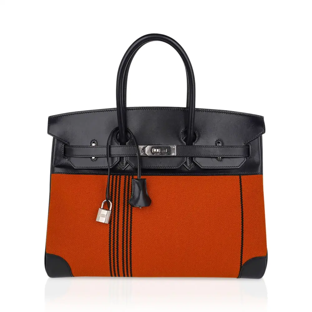 Hermès Rare Collectible Birkin 35 Orange Potamus Toile/Box Calf Palladium Hardware Fake luxury bags for sale