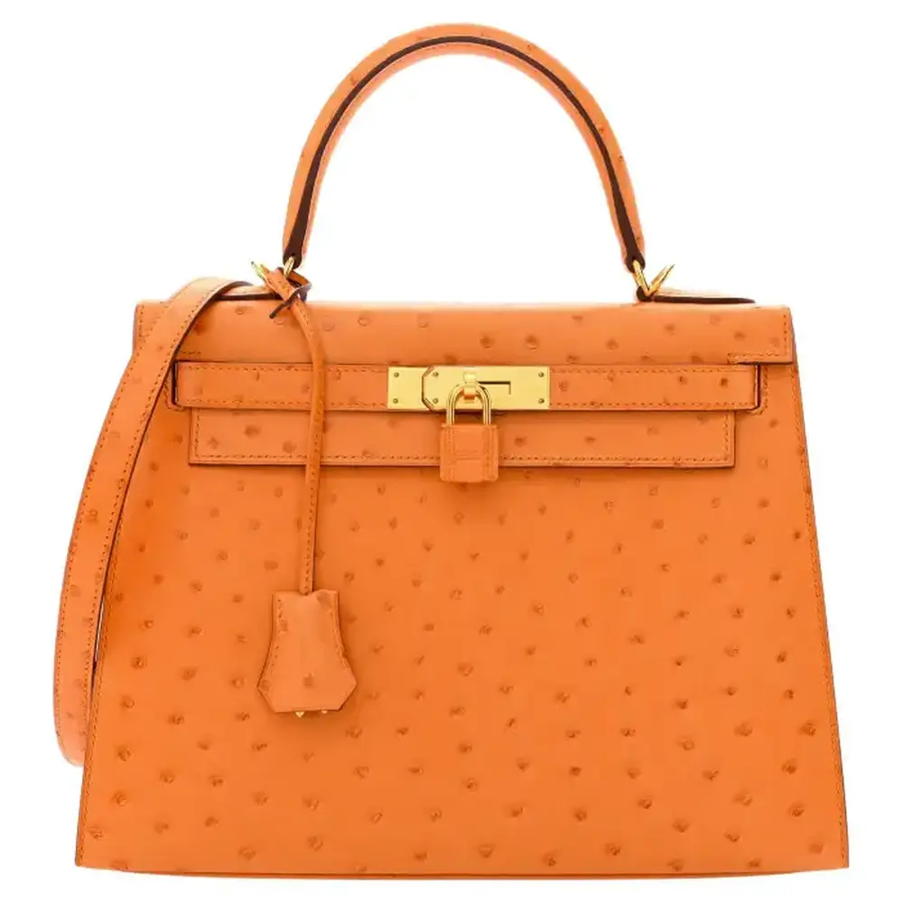 Hermès Rare Collectible Kelly 32 Orange Ostrich HAC Haut À Courroies Palladium Hardware Lushentic bags