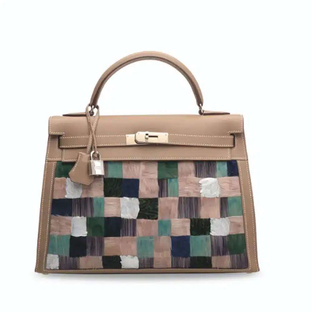 Hermès Rare Collectible Kelly 32 Sellier Multicolor Étoupe Feather Embroidery & Swift Mosaïque Palladium Hardware Replica Quality