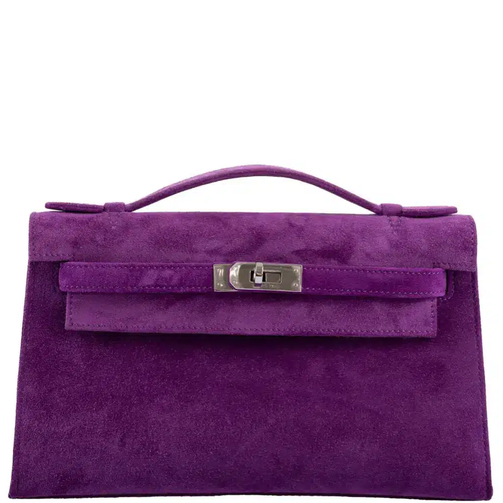 Hermès Rare Collectible Kelly Pochette Violet Veau Doblis Suede Palladium Hardware luxury bags